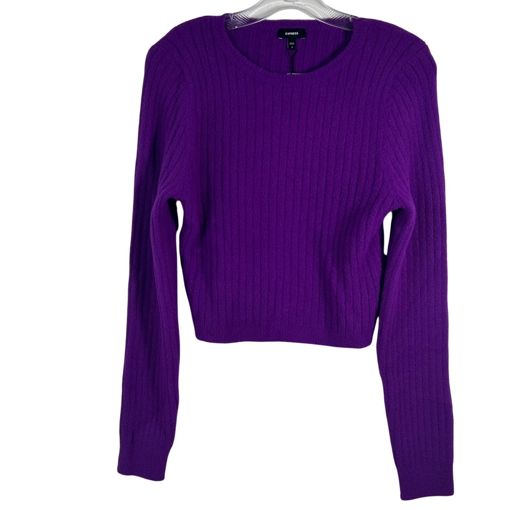 Express Womens Purple Ribbed Knit Long Sleeve Cropped Crewneck Sweater Small